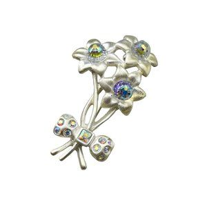Vintage AK Flower Pin Brooch Anne Klein Matte Silver Tone & AB Crystal Stones